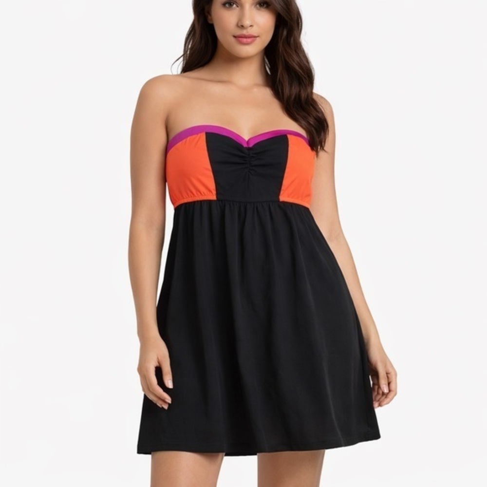 Hurley Y2K Strapless Mini Dress Neon Colorblock Empire Waist A-Line Beach Party